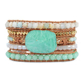 Gold Faceted Amazonite 4mm Multi Stone Beads Layers Leather Wrap Bracelet, Boho Handmade Jewelry HD0078