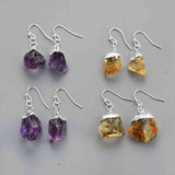 Silver Plated Natural Amethyst / Citrine Dangle Earrings Raw Gemstone Crystal Earrings WX2132