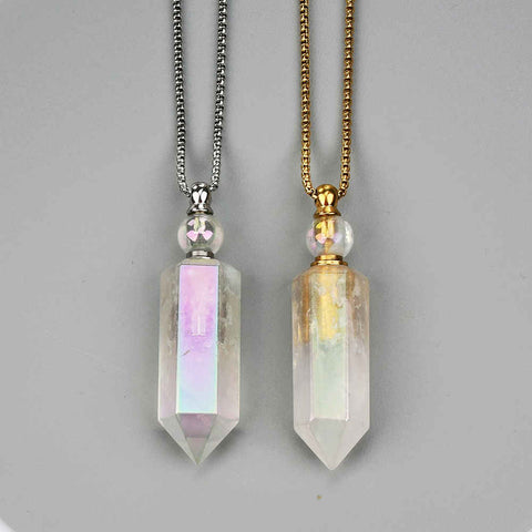 27" Angel Aura Quartz Hexagon Point Perfume Bottle Necklace, Titanium AB Color, Natural White Crystal Stone Bottle Necklaces WX2089