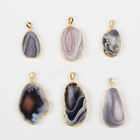 Gold Plated Natural Onyx Botswana Agate Slice Pendant Bead G1013