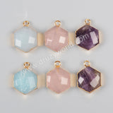 Hexagon Gemstone Faceted Charm Gold Plated, Amethyst Rose Quartz Amazonite Charm G0949