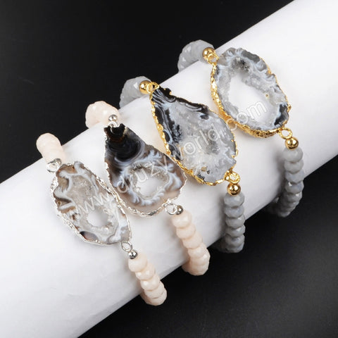 Natural Onyx Agate Geode Slice & 6mm Beads Bracelet Gold Plated G1019