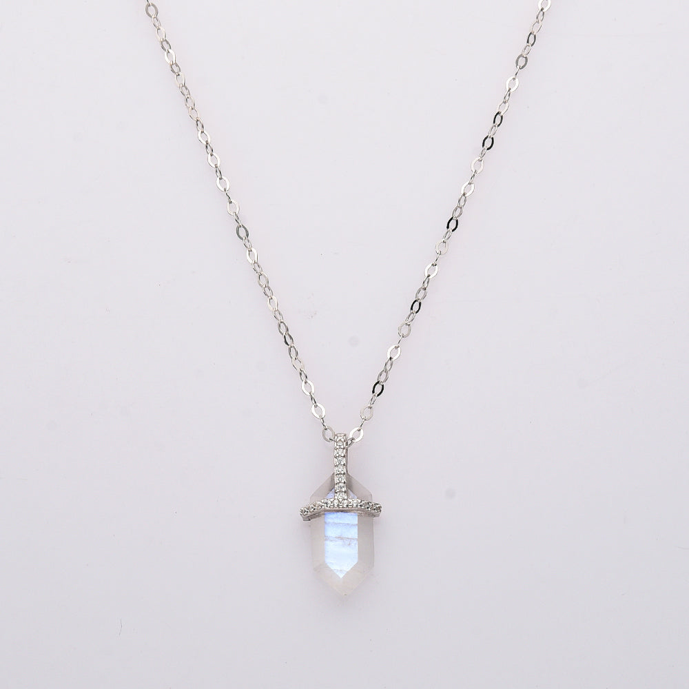 18" of 925 Sterling Silver Hexagon Natural Moonstone Necklace, CZ Micro Pave, Faceted Crystal Neckalce, Wholesale Jewelry LM016