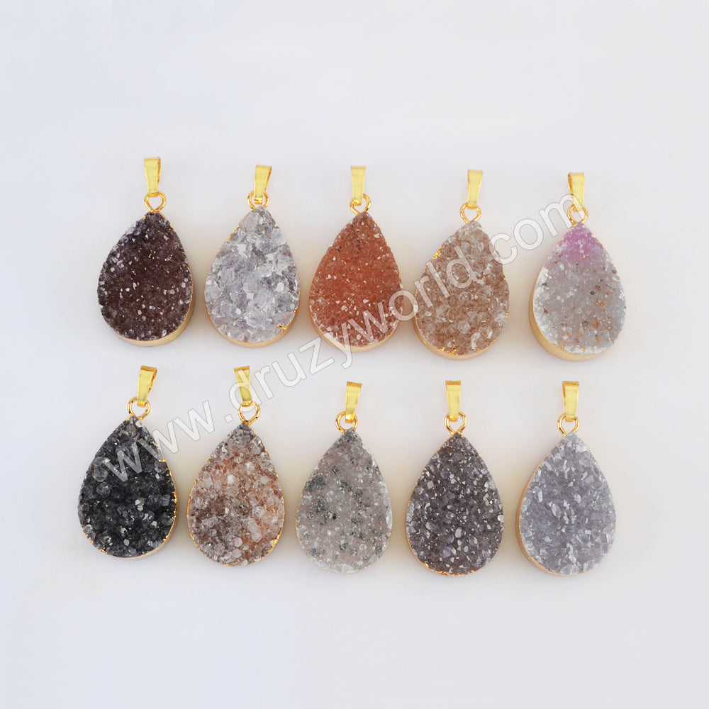 Gold Plated Teardrop Natural Colors Agate Druzy Pendant, Crystal Drop Pendant G2021