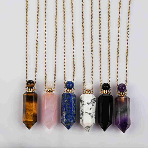 19" Hexagon Point Gold Multi-kind Stone Perfume Bottle Necklace WX2090