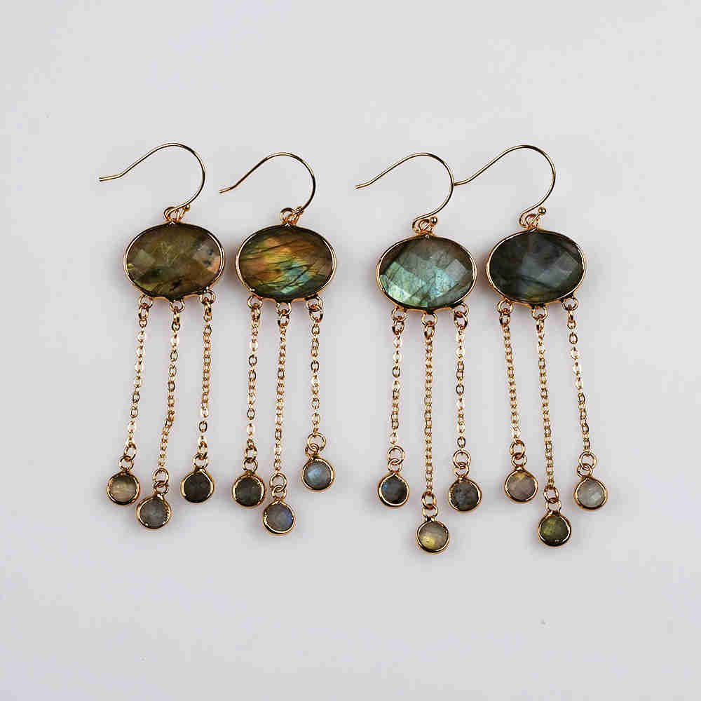 Gold Plated Oval Labradorite Faceted Tassels Dangle Earrings G2085