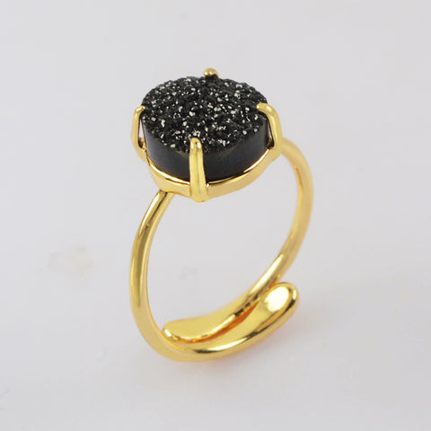 Gold Plated Round Agate Titanium Druzy Claw Adjustable Ring ZG0449