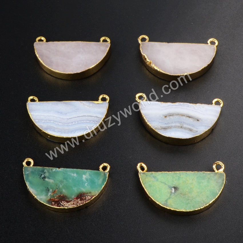 Half Round Australia Jade Connector Gold Plated, Rose Quartz Half Moon, For Jewelry Making G1025