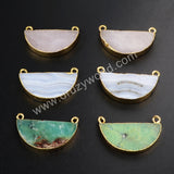 Half Round Australia Jade Connector Gold Plated, Rose Quartz Half Moon, For Jewelry Making G1025