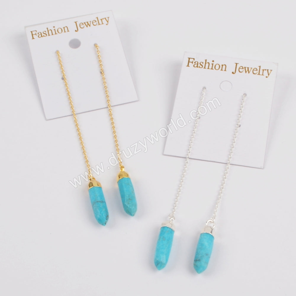 Natural Turquoise Faceted Point Threader Earrings Gold Plated, Gemstone Jewelry Dangle Earring S1343