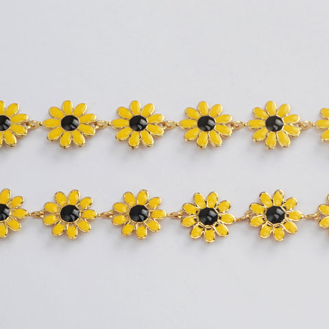 16 Feet Gold Plated Brass Oil Dripping Daisy Chains, Yellow Flower Chain, Enamel Paint Chain, For Bracelet Necklace Jewelry Making, Chain Findings PJ508