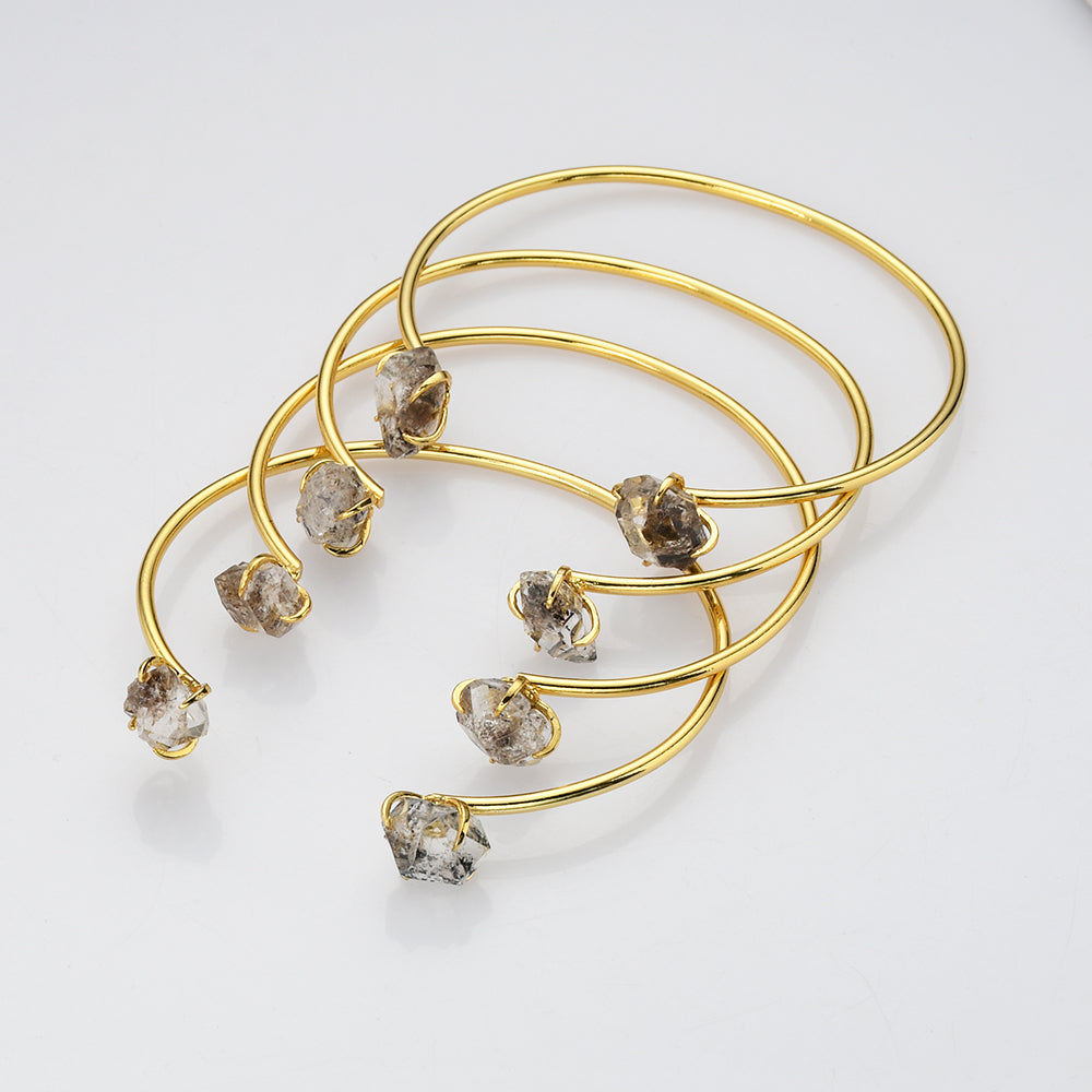 Gold Plated Claw Raw Herkimer Crystal Bracelet, Faceted Healing Gemstone Quartz Bangle Cuff Jewelry ZG0498