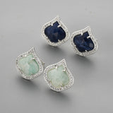 Teardrop Silver Plated Claw Natural Blue Sodalite Amazonite Micro Pave Stud Earrings, Faceted Crystal Stone Post Earrings, CZ Studs Fashion Jewelry WX2146