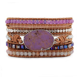 Silver Purple Sugilite Stone 4mm Stone Beads Layers Leather Wrap Bracelet, Handmade Boho Jewelry HD0068