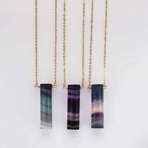 16" Gold Plated Cylinder Natural Rainbow Fluorite Necklace Healing Crystal Necklace Jewelry WX2096