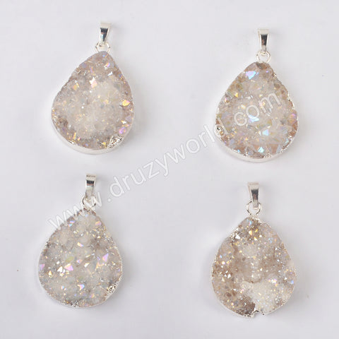 Gold Plated Drop Natural Agate Titanium AB White Druzy Pendant G2011