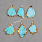 Gold Plated Freeform Blue Howlite Turquoise Slice Pendant, Aqua Stone Pendant G0180