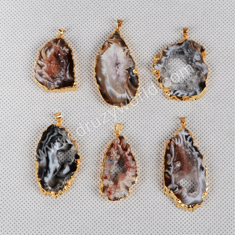 Gold Plated Natural Color Onyx Agate Druzy Geode Slice Pendant G0088