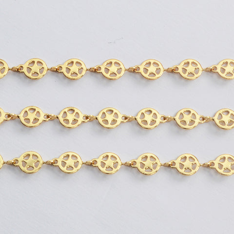 16 Feet Gold Plated Brass Hollow Star Round Chain, 6mm Coin Chain, For Necklace Bracelet Jewelry Making, Wholesale Supply PJ493