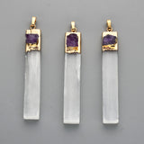 Gold Plated Natural Selenite Bar Pendant/Necklace, Pave Raw Gemstone Chips, Healing Crystal Boho Jewelry G2090