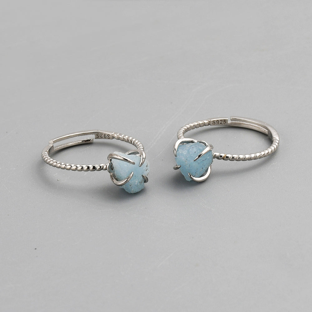 S925 Sterling Silver Claw Rainbow Raw Gemstone Ring, Healing Crystal Stone Ring, Adjustable SS204  aquamarine ring