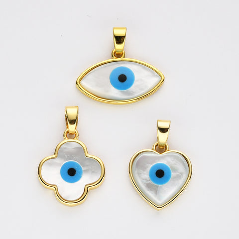 Wholesale Gold Plated White Shell Blue Evil Eye Pendant, Marquise Heart Clover Pendant WX2158