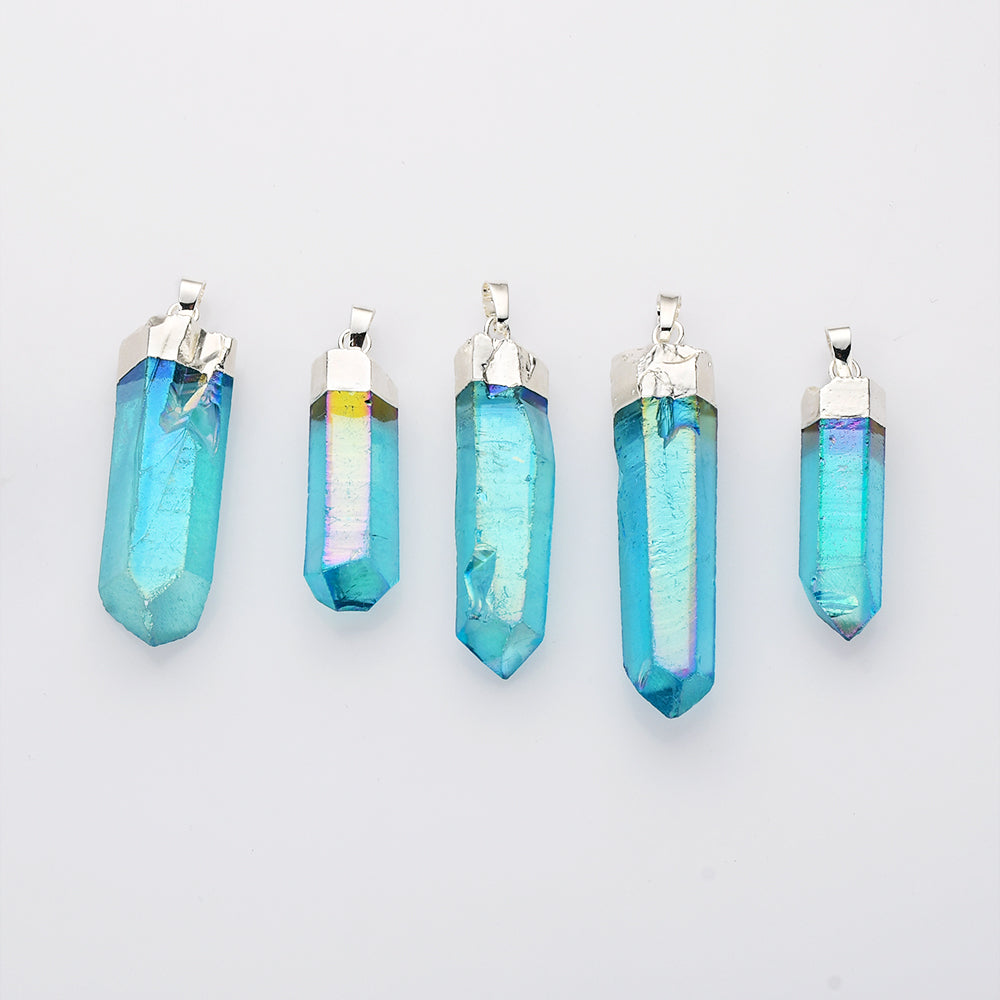 Raw Silver Plated Aqua Aura Quartz Point Pendant, Healing Blue Crystal Crystal Pendant, For DIY Jewelry Making S0360-1, wholesale jewelry, craft, handmade, charms, pendants