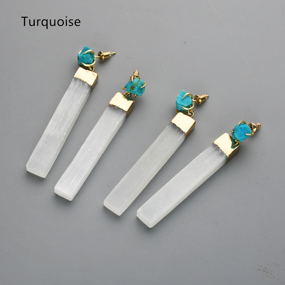 Gold Plated Claw Raw Gemstone Chips & Selenite Bar Stud Earrings, Healing Crystal Stone Jewelry, Boho Earrings ZG0491 Turquoise Earrings