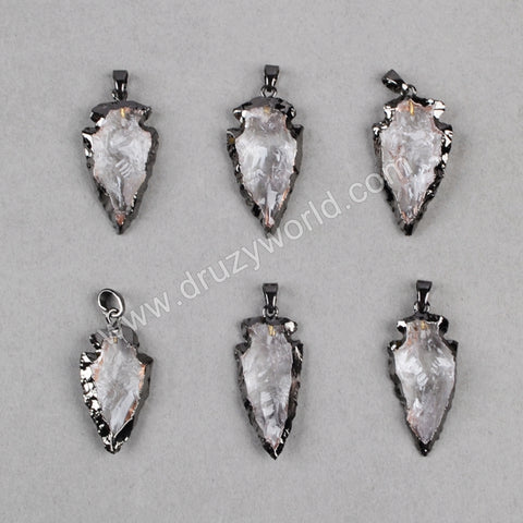 Rough Natural White Quartz Carved Arrowhead Pendant Bead With Gun Black Plated B0509