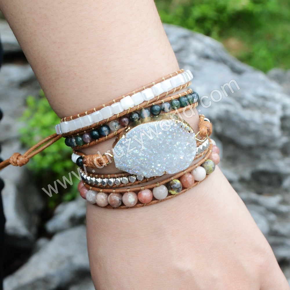 Bohemia Natural Druzy Geode 4mm Multi Kind Beads Layers Leather Wrap Bracelet, Handmade Boho Jewelry HD0039