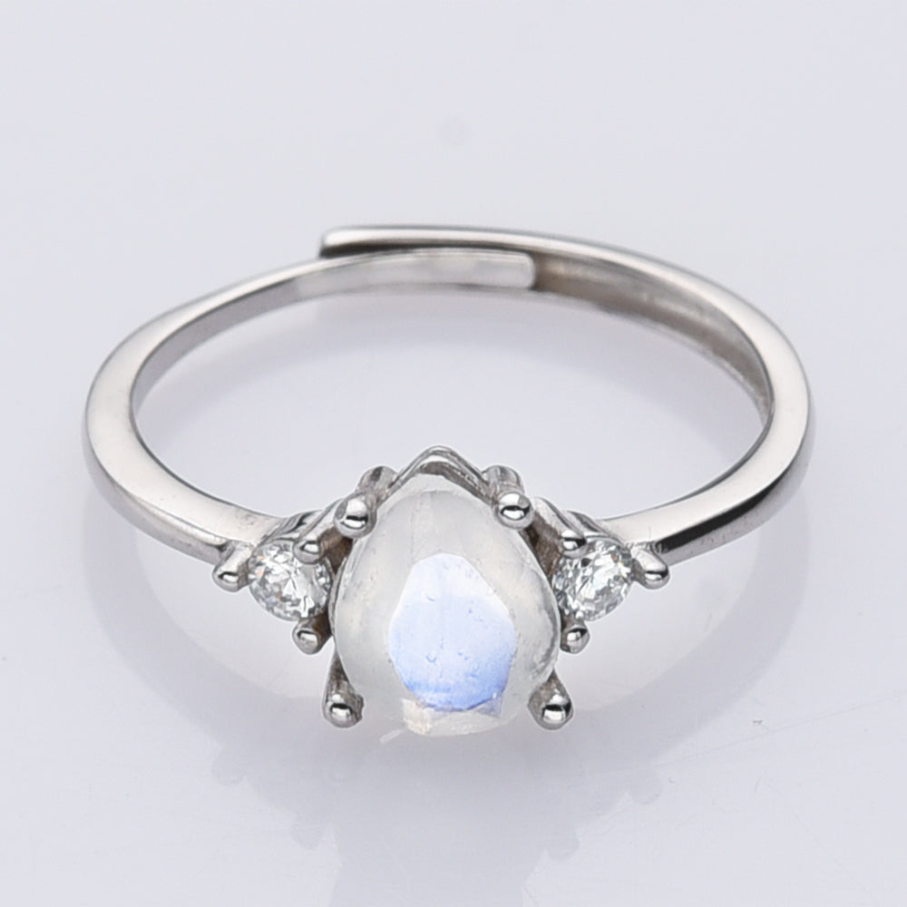 Teardrop 925 Sterling Silver Natural Moonstone Ring, Adjustable Size, CZ Pave, Faceted Gemstone Ring, Wholesale Jewlery SS233