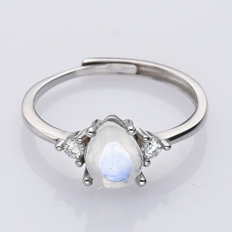 S925 Sterling Silver Drop Natural Moonstone Ring Zircon Pave Ring, Adjustable Ring, Dainty Crystal Jewelry Ring SS233RG