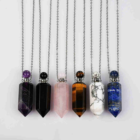 19" Hexagon Point Silver Multi-kind Stone Perfume Bottle Necklace Gemstone bottle necklace WX2091