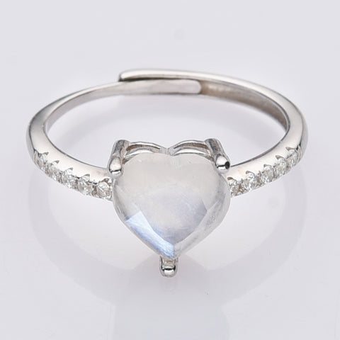 925 Sterling Silver Natural Moonstone Heart Ring Zircon Pave Ring, Adjustable Healing Crystal Jewelry Ring SS232