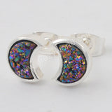 Silver Plated Bezel Crescent Moon Natural Titanium Druzy Studs Earrings ZS0282