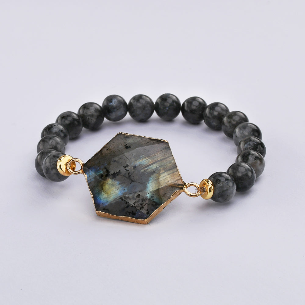 Hexagon Labradorite Faceted Beads Elastic Bracelet HD0417