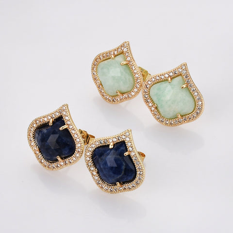 Teardrop Gold Plated Claw Natural Blue Sodalite Amazonite Micro Pave Stud Earrings, Faceted Crystal Stone Post Earrings, Fashion Jewelry WX2145