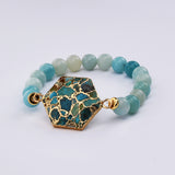 Hexagon Copper Turquoise Faceted Amazonite Beads Elastic Bracelet HD0416