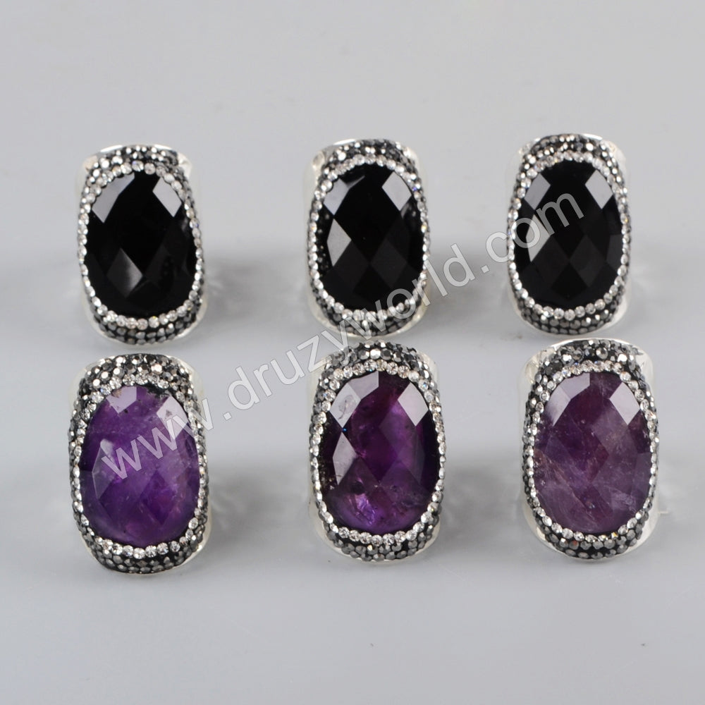Rhinestone Pave Polished Amethyst Black Onyx Agate Faceted Silver Band Ring JAB966
