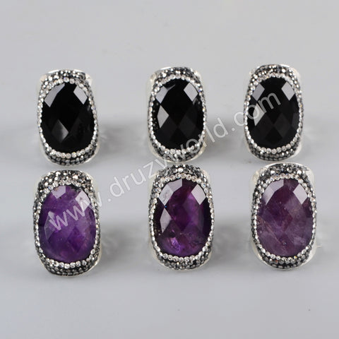 Rhinestone Pave Polished Amethyst Black Onyx Agate Faceted Silver Band Ring JAB966