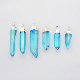 Polished Silver Plated Aqua Aura Crystal Point Pendant Beads, Raw Titanium Blue Quartz Jewelry S0360-2