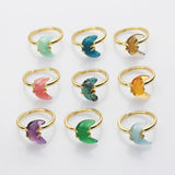 Adjustable Gold Plated Claw Gemstone Moon Ring, Healing Crystal Stone Crescent Ring Jewelry AL603