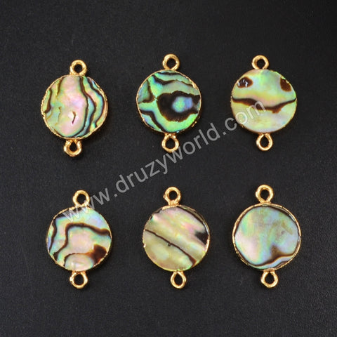 Gold Plated Round 10mm Natural Abalone Shell Connector Double Bails G1052