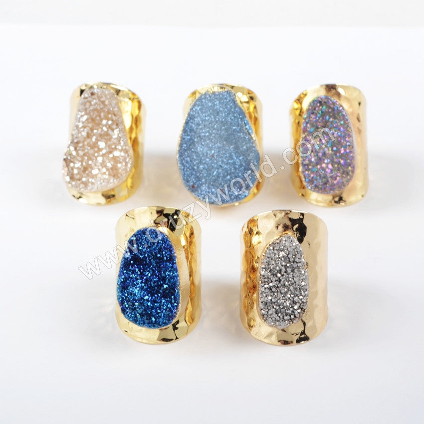 Gold Plated Oval Natural Agate Titanium Rainbow Druzy Band Ring G0890