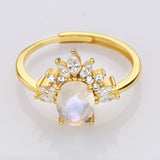 S925 Sterling Silver Oval Moonstone Faceted CZ Ring, Adjustable Zircon Crown Ring Jewelry SS238RG