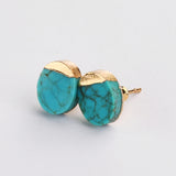 Gold Plated Cap Natural Pure Turquoise Stud Earrings, Gemstone Boho Jewelry G2077