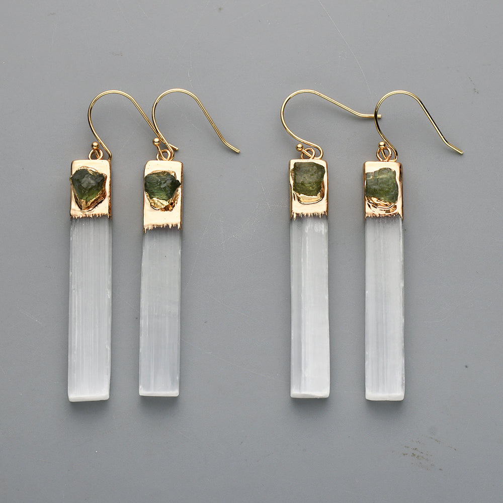 Gold Plated Rectangle Natural Selenite Crystal Earrings, Pave Raw Gemstone Chips, Healing Jewelry, Boho Earrings G2091 Peridot Earrings Olivine Earrings