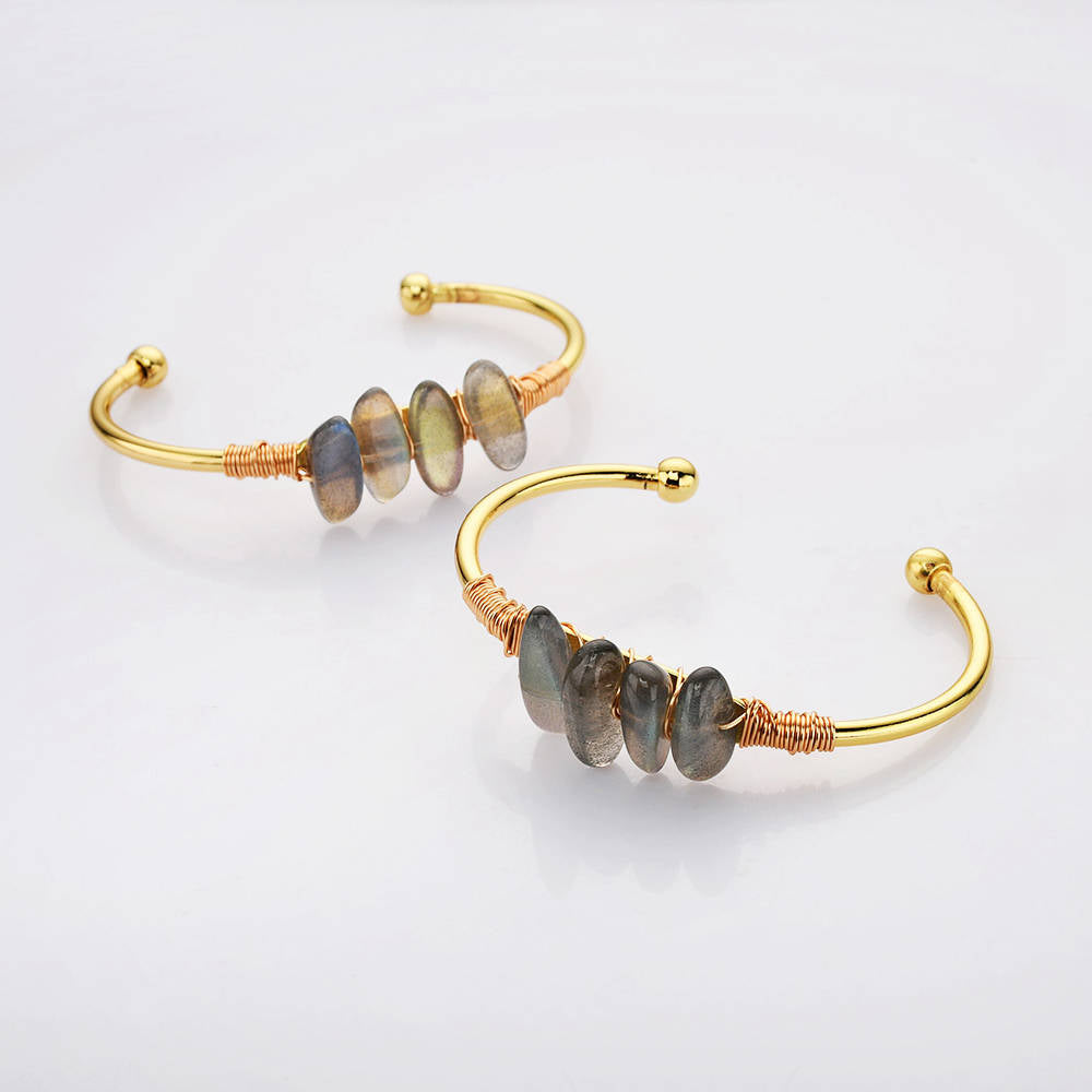 Gold Wire Wrap Labradorite Bangle Bracelet Oval Shape Stone Labradorite Crystal Bracelet Jewelry  WX2078