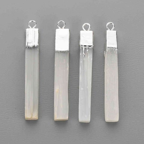 Silver Plated Rectangle Natural Selenite Stone Bar Pendant S1703