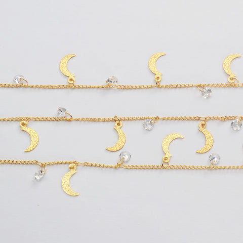 16 Feet Gold Plated Brass CZ Moon Chain, Zircon Crescent Chain, For Necklace Bracelet Jewelry Making, Wholesale Supply PJ498